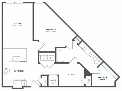 Floor plan for 1 bed, 1 bath, 895 sqft